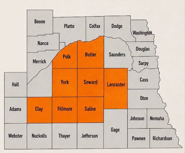 Map of our primary service area highlighting counties in southeast Nebraska